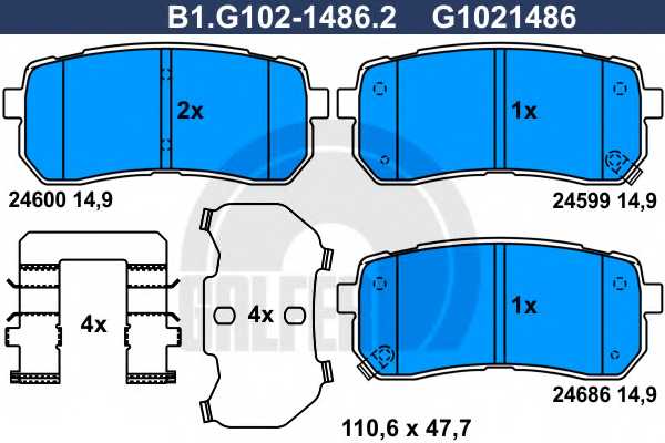 Колодки тормозные дисковые для HYUNDAI H-1 Travel(TQ), H-1(TQ), ix55 <b>GALFER B1.G102-1486.2 / G1021486</b> - изображение