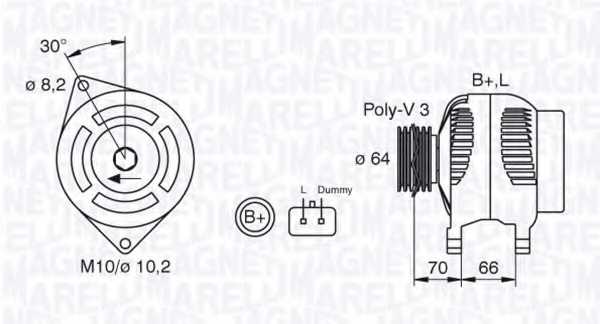 Генератор 105А для DACIA LOGAN / RENAULT CLIO, KANGOO, KANGOO Express, LAGUNA, THALIA <b>MAGNETI MARELLI 063310506010 / MAN956</b> - изображение